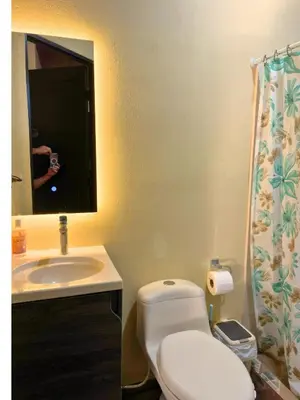 a bathroom with a toilet and a sink and a mirror at M&M Container Home in Sardinal