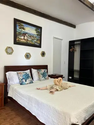 a bedroom with a bed with a person laying on it at Apartamento Villas Luna in Potrero