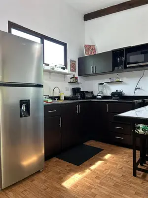 a kitchen with a stainless steel refrigerator and a table at Apartamento Villas Luna in Potrero