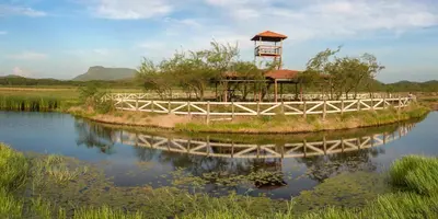 a bridge over a river with a tower on it at Rancho Humo Estancia in Puerto Humo