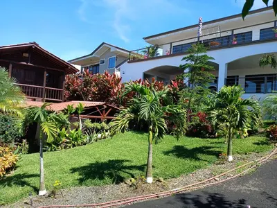 a house with palm trees in front of it at San Luis cabin in Grecia
