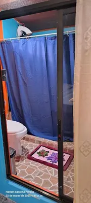 a bathroom with a toilet and a blue shower curtain at cabaña Carol in Rio Celeste