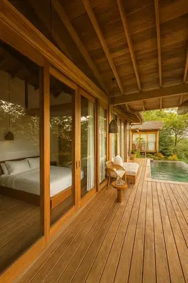a wooden deck with a bed and a bed at Santa Hermosa Honey moon Villa in Santiago