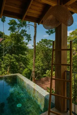 a swimming pool in a resort with a view of the forest at Santa Hermosa Honey moon Villa in Santiago