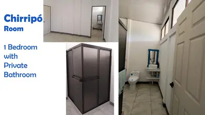 two pictures of a bathroom with a door and a toilet at Aura Living in La Garita