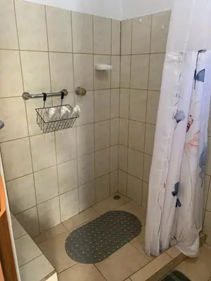 a shower with a shower curtain and a rug at Rincón Poeta in San Ramón