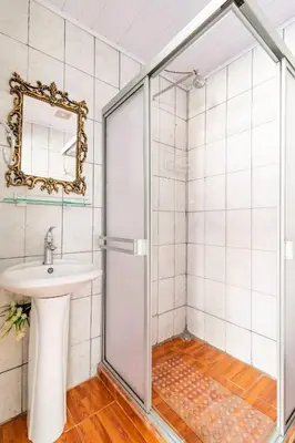 a bathroom with a shower and a sink at Vilma Friendly Guesthouse - RB in San José
