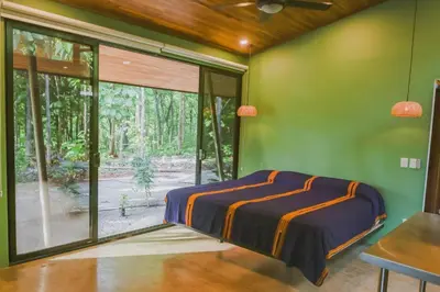 a bedroom with green walls and a large window at Avellanas Private Villa in Santa Cruz