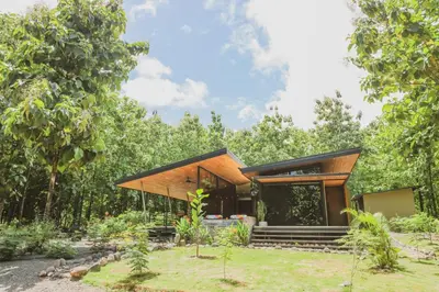 a house in the woods with a black roof at Avellanas Private Villa in Santa Cruz