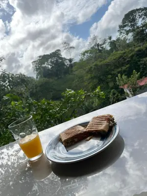 a plate of bread and a glass of orange juice at Tu casa de habitación en Sarapiquí, Costa Rica in Pedregal
