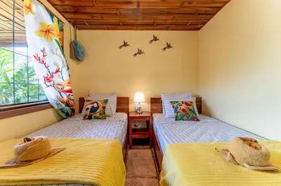 two twin beds in a room with a window at Toucan River Paradise - River access, AC in Fortuna