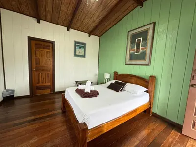 a bedroom with a bed in a green wall at Habitación doble, Hotel Aurora Inn, Nuevo Arenal in Nuevo Arenal