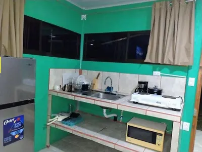 a green kitchen with a sink and a microwave at La Fortuna Brisas del Recuerdo in Fortuna