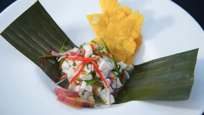 a white plate with some food on a white plate at Stunning Ocean View Villa in Playa Coco and Ocotal in Ocotal