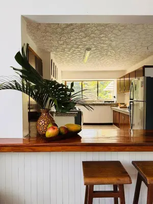 a kitchen with a pineapple and fruit on a counter at Bonsai House in Brasil