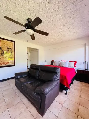 a living room with a couch and a ceiling fan at Bonsai House in Brasil