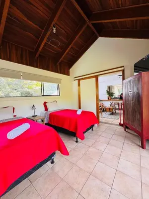two beds in a room with red sheets at Bonsai House in Brasil