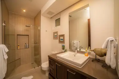 a bathroom with a sink and a shower and a toilet at Miramar 4E - 3 bdr 3 bath Ocean View in Herradura