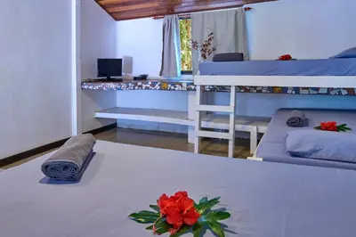 a room with two bunk beds and a table with a flower on it at Playa Negra Surf Lodge in Playa Negra