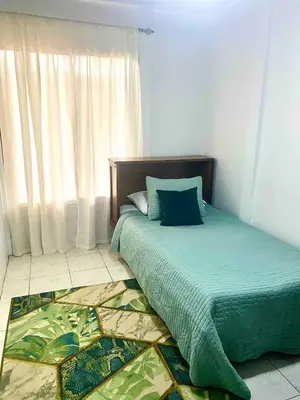 a bedroom with a bed with blue pillows and a window at El Papagayo Verde 5 min walk to the beach and downtown in Coco