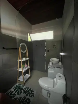 a small bathroom with a toilet and a sink at Malani Lodge Tamarindo in Villarreal
