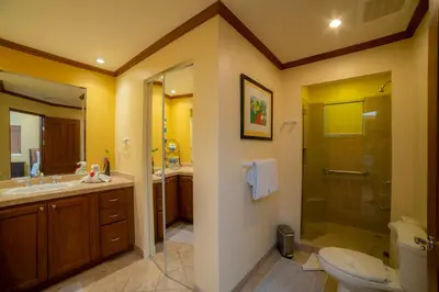 a bathroom with a shower and a toilet and a sink at Veranda 5F - 2 bdr 2 bath in La Mona