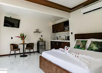 a bedroom with a large bed and a kitchen at Aralias Villas in Agua Azul