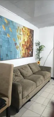 a couch in a living room with a painting on the wall at Rohrmoser a 100 metros de la embajada americana in San José