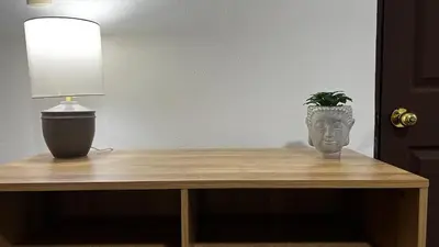 a table with a lamp and a vase with a plant on it at Executive Apartment Escazú in Escazu