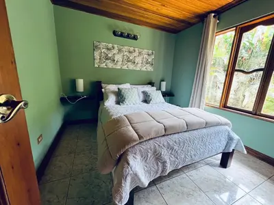 a bedroom with a bed in a room with green walls at Family Nest Turrialba in Turrialba