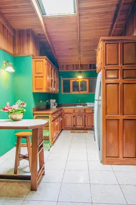 a kitchen with green walls and wooden cabinets and a refrigerator at Family Nest Turrialba in Turrialba