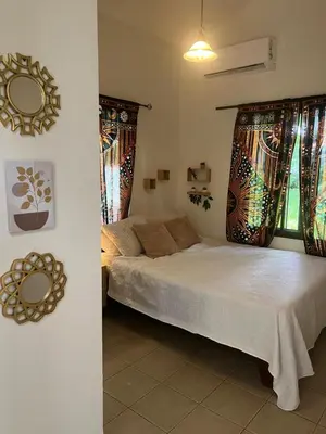 a bedroom with a bed and a mirror on the wall at Casa Zen in Potrero