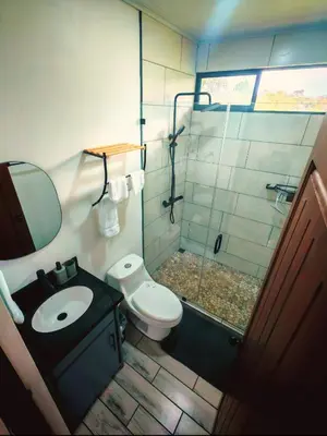 a bathroom with a toilet and a sink and a shower at Cabaña Tranquila en la Naturaleza in Tigra