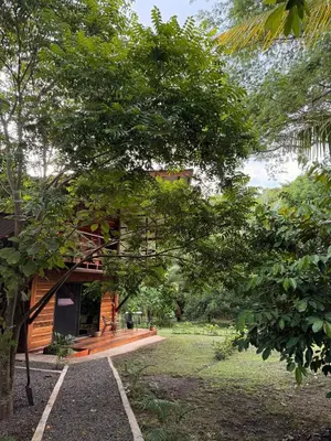 a house with a wooden porch in the middle of a yard at Casa Oropéndola Refugio natural en Guanacaste in Bagaces