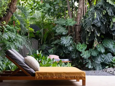 a rattan chair with a table in a garden at Nalu Nosara Pool Villa Sombra in Nosara