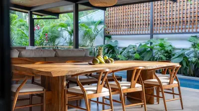 a wooden table with a bunch of bananas on it at New! 5-Min Walk to Surf - Private Pool - 2BR in Playa hermosa