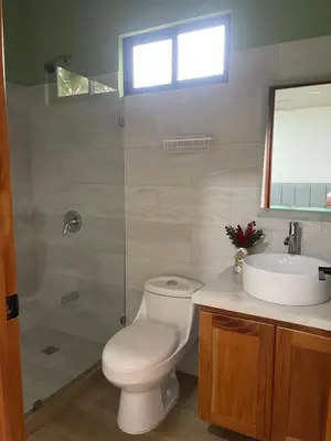 a bathroom with a toilet and a sink and a shower at Casa Ema in La Abuela