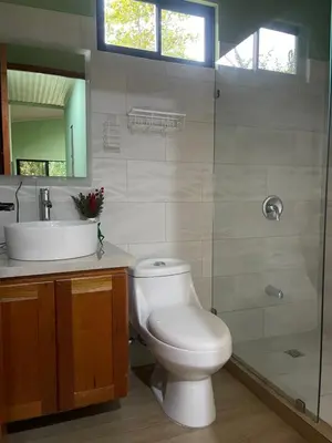 a bathroom with a toilet and a sink and a shower at Casa Ema in La Abuela