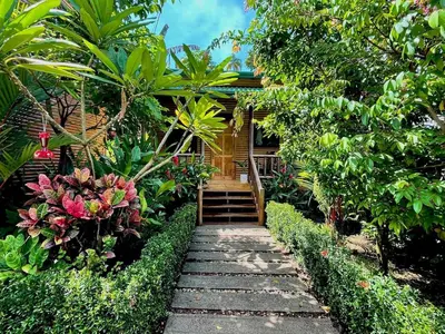 a garden path leading to a house with plants at Finca Los Mangos in Quepos