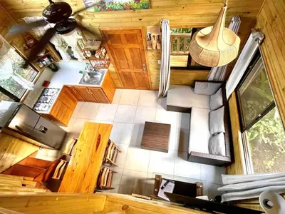 an overhead view of a kitchen in a tiny house at Finca Los Mangos in Quepos