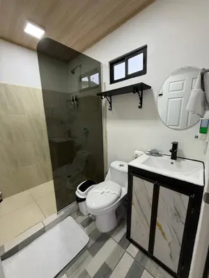 a bathroom with a toilet and a shower and a sink at Arenal cautiva in El Castillo de La Fortuna