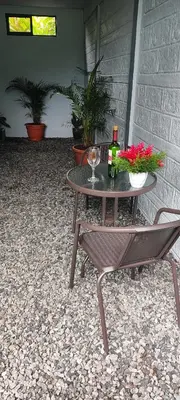 a table with two bottles of wine and flowers on a patio at Casa de las aves in Guayabal