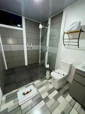 a bathroom with a glass shower and a toilet at Casa de las aves in Guayabal