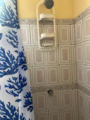 a shower in a bathroom with blue and white tiles at Surf House Aparment in Coco