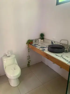 a bathroom with a white toilet and a sink at Golden Sunset Loft in Tamarindo