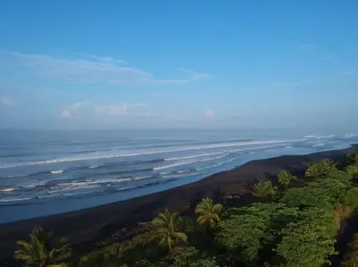 an aerial view of a beach with palm trees and the ocean at Beach Apartment with Pool and Lake - Playa Hermosa in Muñeco