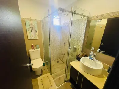 a bathroom with a shower and a toilet and a sink at Beach Apartment with Pool and Lake - Playa Hermosa in Muñeco
