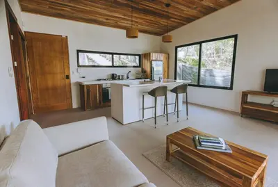 a living room with a couch and a table at CASA ROBLE, One-Bedroom with Pool in Paradise, Quiet and Fast WiFi in Santiago