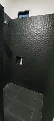 a bathroom with a shower with a black wall at Dynamis Retreat in Tamarindo