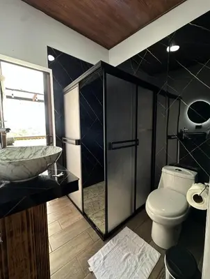 a bathroom with a toilet and a sink and a mirror at Villa Oropéndola Sarapiquí in Colonia Carvajal